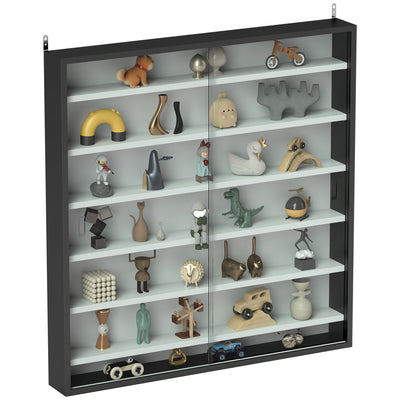 Black and White 7 Tier Wall Display Cabinet with Glass Doors and Adjustable Shelves by HOMCOM