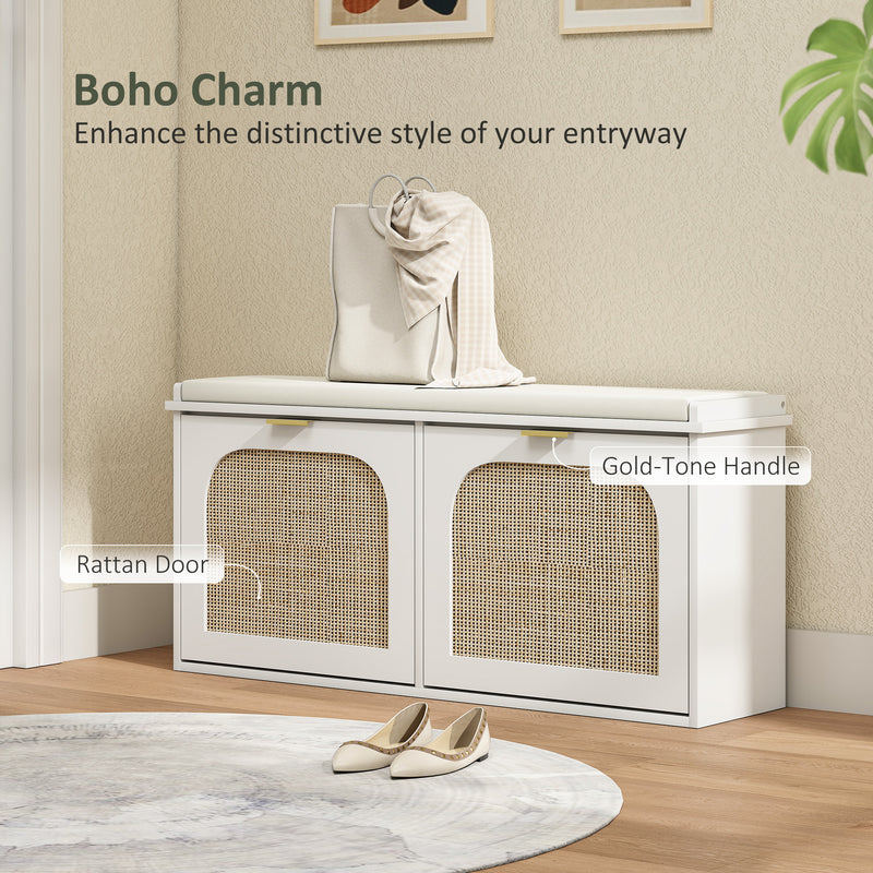 Boho Shoe Storage Bench with Cushioned Seat and Two Flip Drawers for Hallway, White