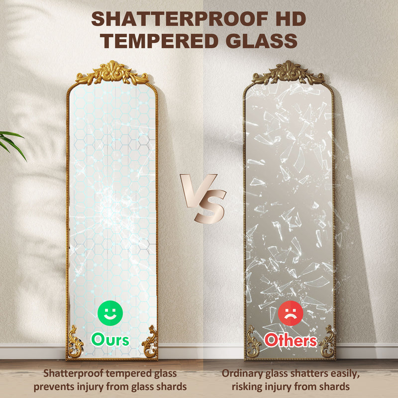 Full Length Standing Mirror for Outfits with Shatterproof Glass and Vintage Metal Frame Gold Tone