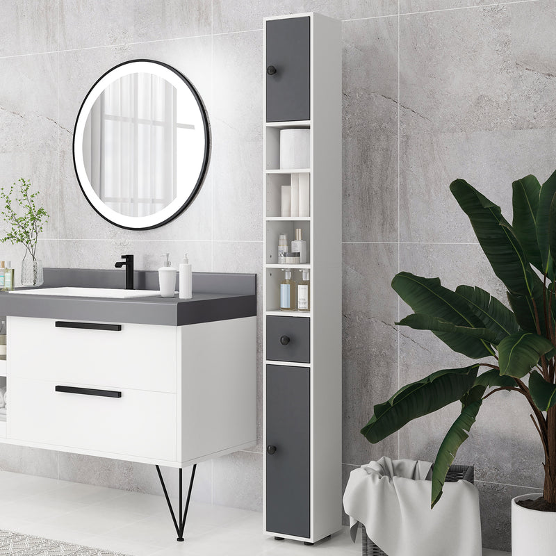 Slim Tall Bathroom Cabinet with Drawers Shelves and Cupboards for Storage Grey