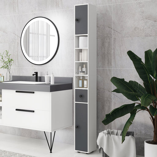 Slim Tall Bathroom Cabinet with Drawers Shelves and Cupboards for Storage Grey