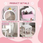 Kids Unicorn Dressing Table Set With Mirror And Stool Ideal For Bedroom Play White