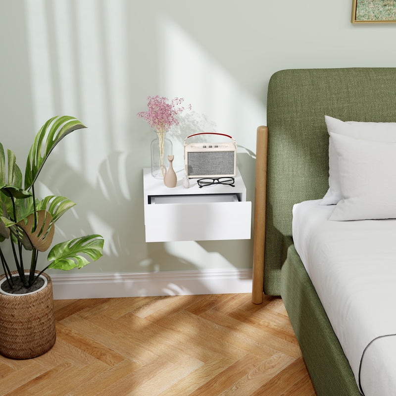 Wall Mounted Bedside Table with Drawer for Small Bedroom Storage and Space Saving, White