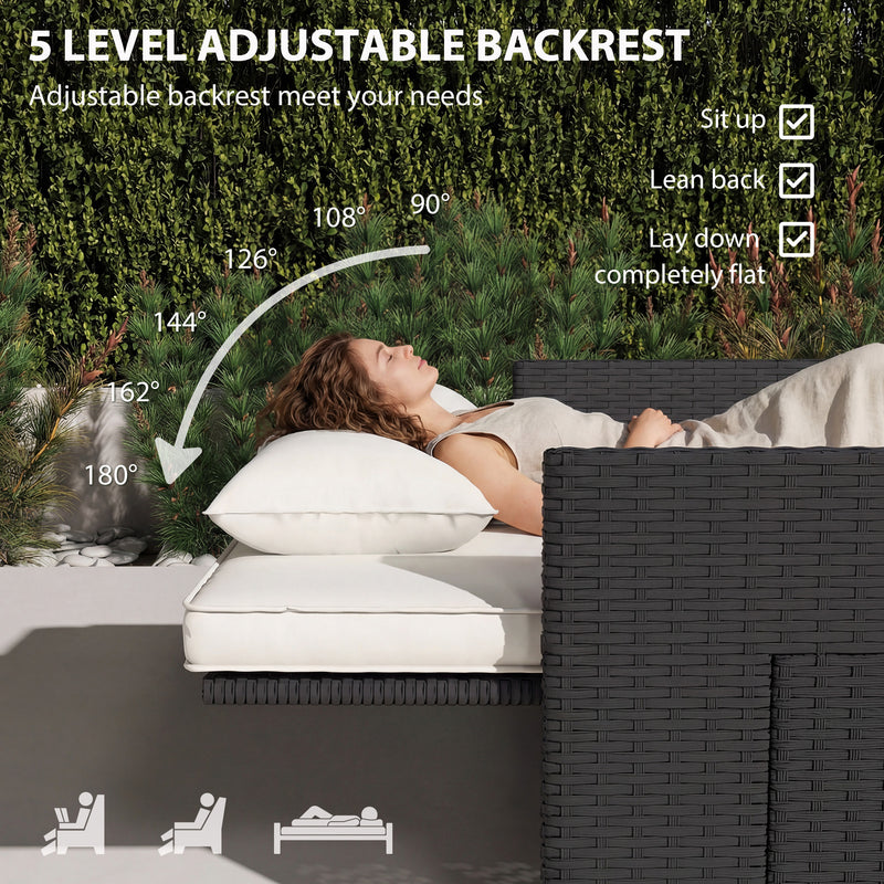 Rattan Garden Day Bed with Adjustable Backrest and Hidden Storage Cream White