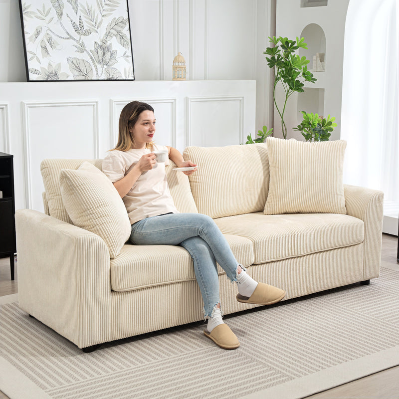 3 Seater Corduroy Sofa with Spring Cushion and Scatter Cushions for Living Room, Cream White
