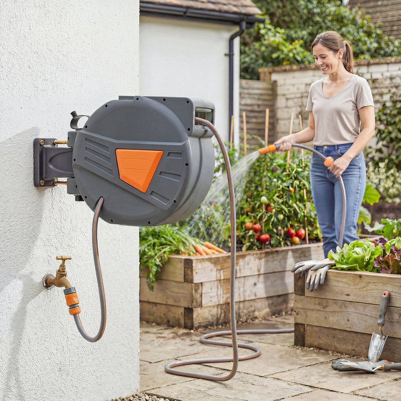 Retractable Garden Hose Reel With 30m Hose for Easy Watering and Cleaning Orange Outsunny