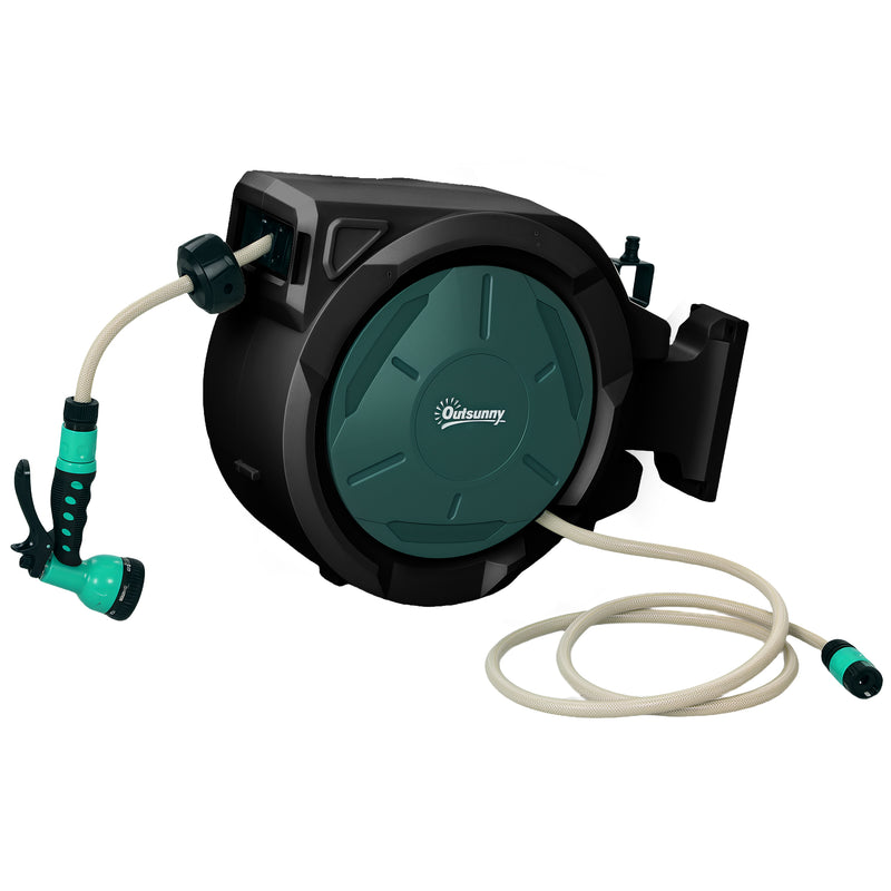 Wall Mounted 30m Retractable Garden Hose Reel With Auto Rewind and Spray Nozzle Green Outsunny