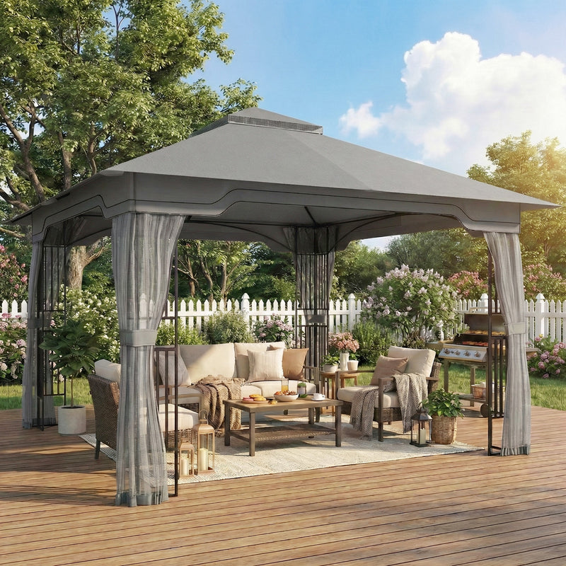 3.3 x 3.3m Metal Gazebo with Mesh Sides for Cool Shaded Outdoor Relaxing and Dining, UPF50+ Dark Grey Outsunny