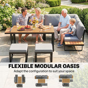 Outdoor Modular Sofa Dining Set for 8 with Cushions and Dining Table Grey and Wood Effect Outsunny