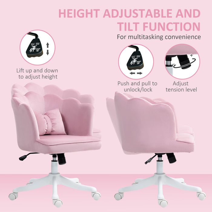 Pink Velvet Feel Petal Back Swivel Office Chair With Cushion and Adjustable Height by HOMCOM