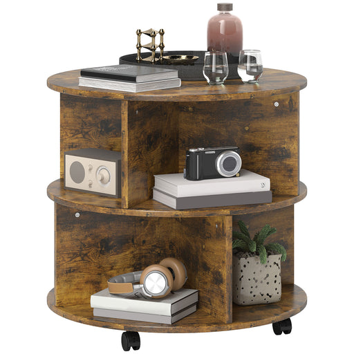 Rustic Brown 3 Tier Round Coffee Table with Wheels and Divided Shelves for Living Room by HOMCOM