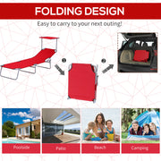 Red Folding Reclining Sun Lounger with Adjustable Canopy for Beach or Garden Relaxation