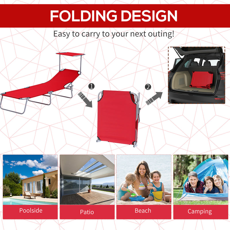 Red Folding Reclining Sun Lounger with Adjustable Canopy for Beach or Garden Relaxation