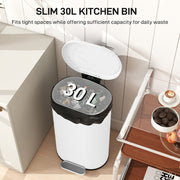 White 30L Curved Kitchen Pedal Bin With Soft Close Lid Ideal for Home or Office Use
