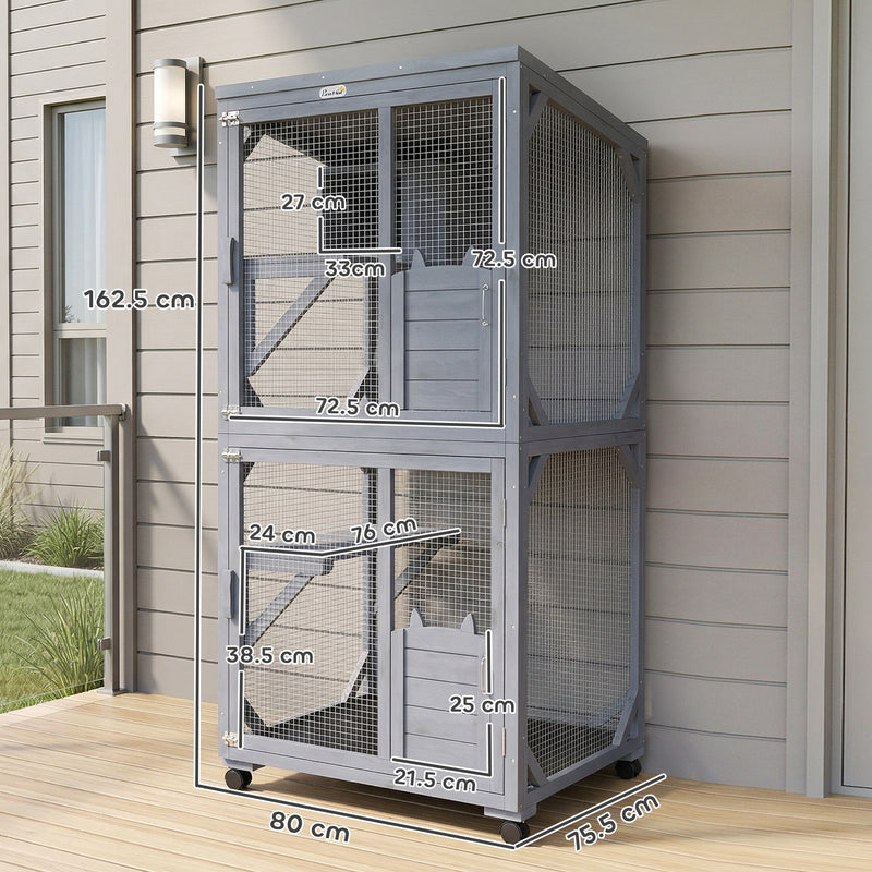 Rolling Outdoor Cat Enclosure With Three Levels for Easy Garden Access Dark Grey Pawhut
