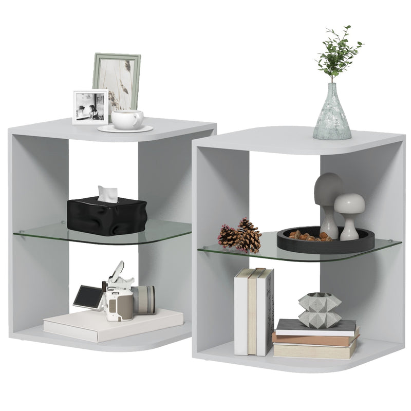 Set of 2 Modern Grey Side Tables with Glass Shelf by HOMCOM