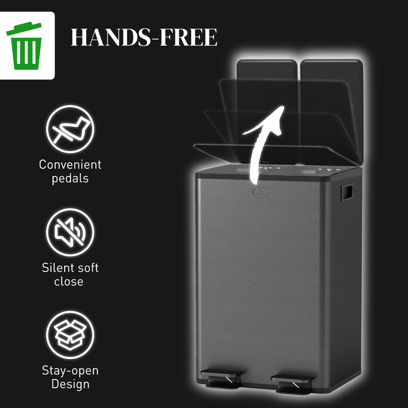 56L Dual Compartment Recycling Bin with Deodoriser Holders for Kitchen Use Black