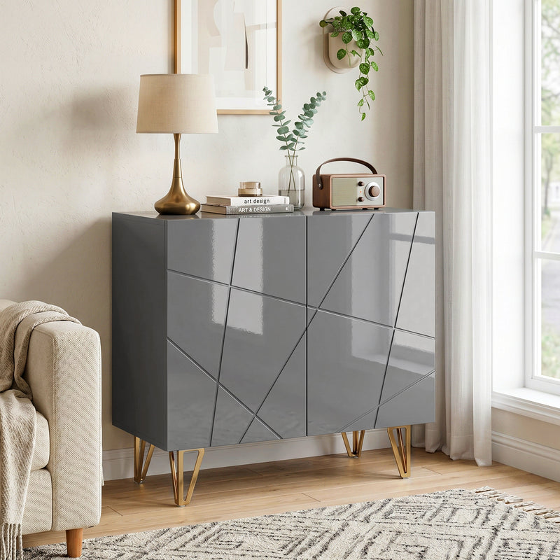 Sideboard with Adjustable Shelf for Living Room Storage High Gloss Grey Gold Tone
