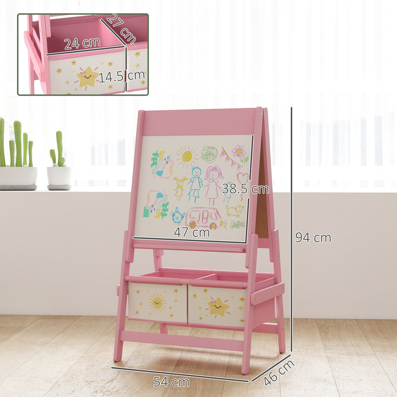 Double Sided Kids Art Easel With Paper Roll And Storage Boxes For Ages 3 To 8, Pink