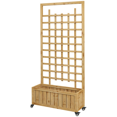 Natural Wooden Raised Planter Bed With Trellis And Wheels For Herbs Flowers Vegatables