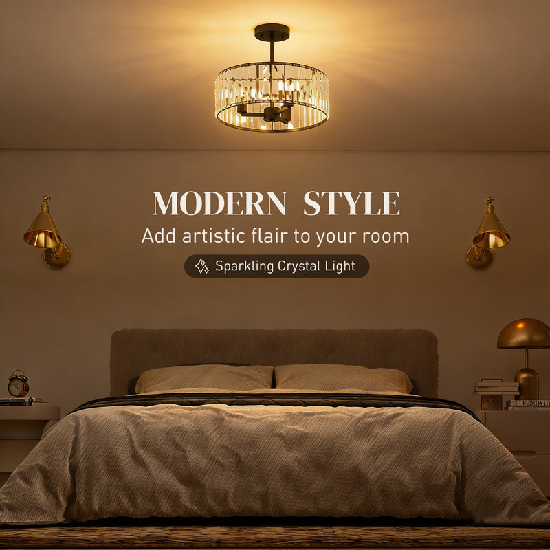 Crystal Ceiling Light for Brightening Bedrooms or Living Rooms Semi Flush Black