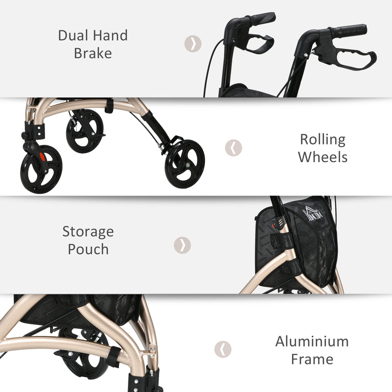 HOMCOM 3 Wheel Rollator, Lightweight Aluminium Tri Walker with Adjustable Handle, Storage Bag and Dual Brakes, 5.3kg, Gold Tone