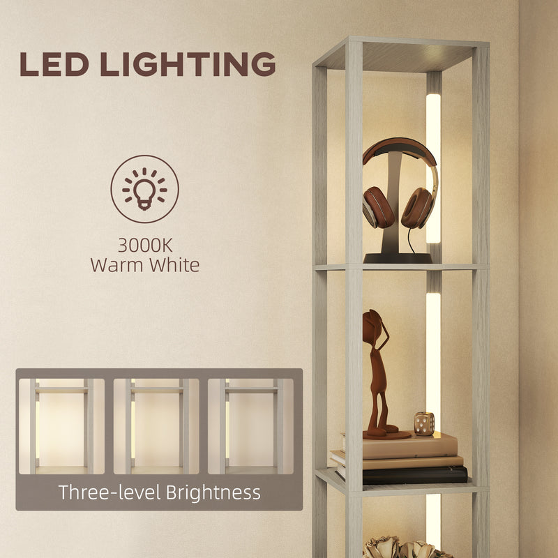 LED Floor Lamp with Shelves and Fabric Drawer for Living Room or Bedroom, Oak