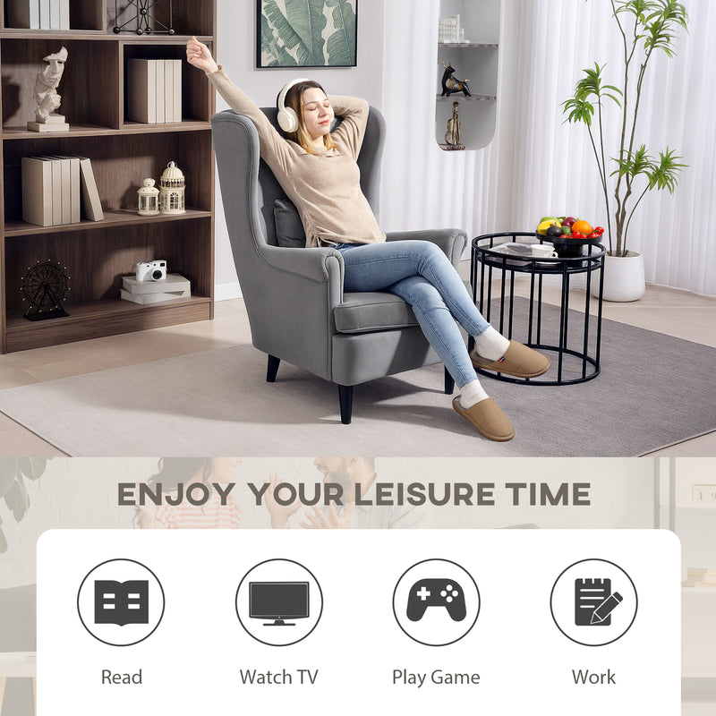 Dark Grey Velvet Accent Chair with High Back and Cushion for Living Room or Bedroom