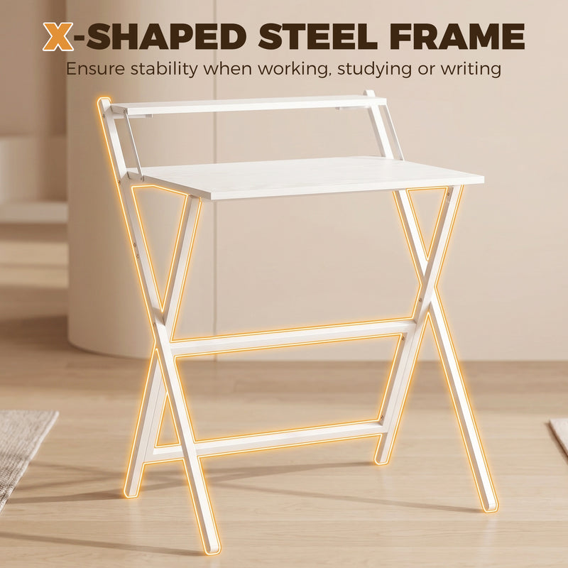 Folding Desk for Small Spaces with Monitor Shelf and Sturdy Steel Frame White