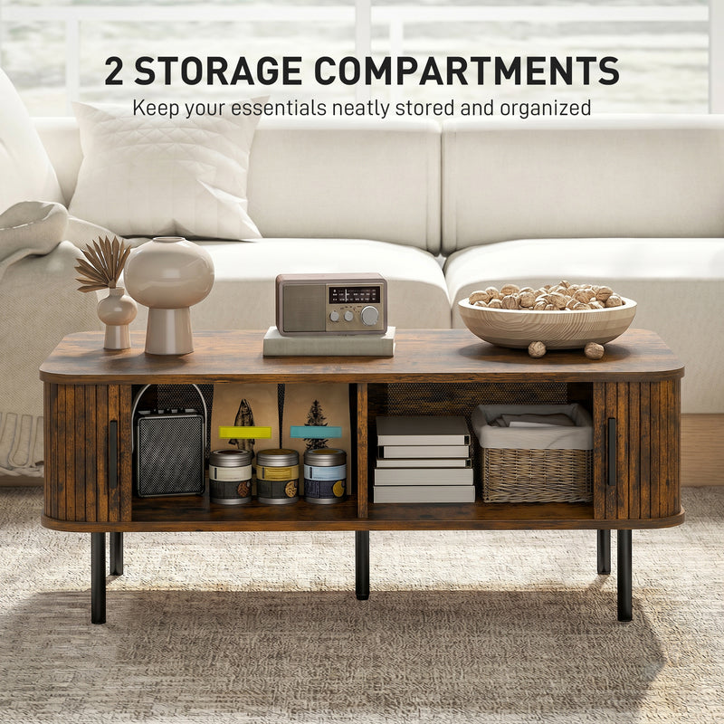 Coffee Table With Sliding Doors for Easy Living Room Storage Rustic Brown Black