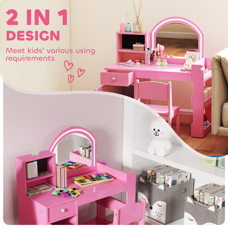 Kids Dressing Table and Chair Set with LED Mirror and Storage for Bedroom Playtime, Pink AOSOM