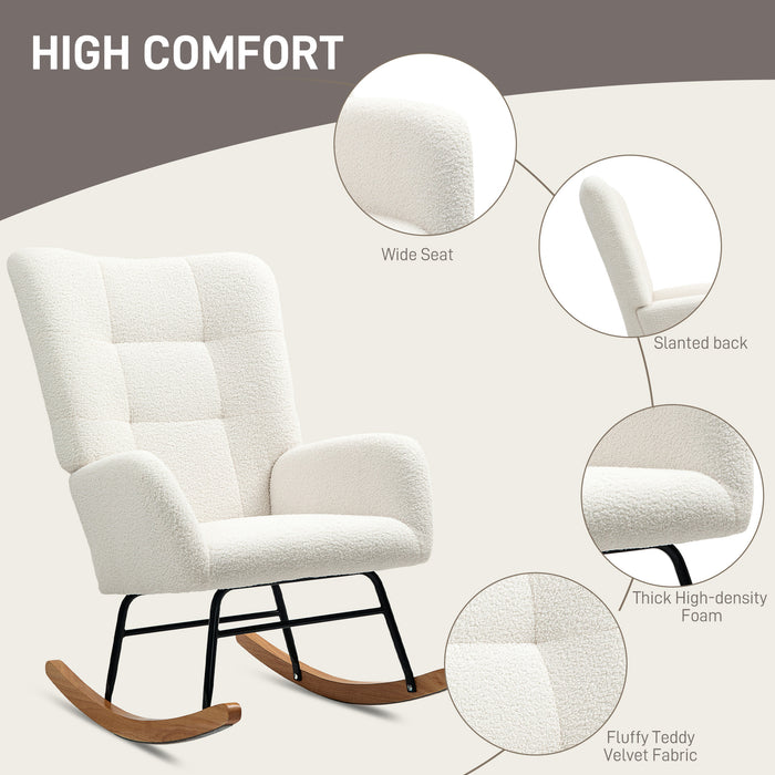 Cream White Teddy Fleece Wingback Rocking Chair with Wooden Base by HOMCOM