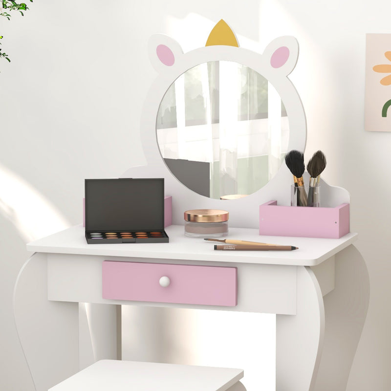Kids Unicorn Dressing Table Set With Mirror And Stool Ideal For Bedroom Play White