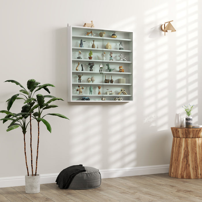 White 7 Tier Wall Display Cabinet with Glass Doors and Adjustable Shelves by HOMCOM
