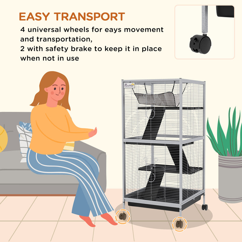 Small Animal Cage with Wheels and Platforms for Indoor Use, Light Grey