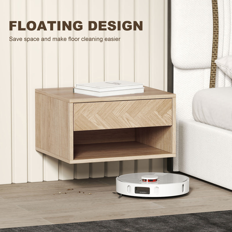 Floating Bedside Tables Set of 2 with Drawer and Shelf for Space Saving Storage Natural Wood AOSOM
