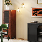 Modern Floor Lamp with Adjustable Dual Heads and Floral Glass Shades for Living Room Gold