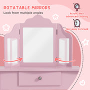 Kids Dressing Table Set with Tri Folding Mirror Drawer and Stool for Bedrooms Pink