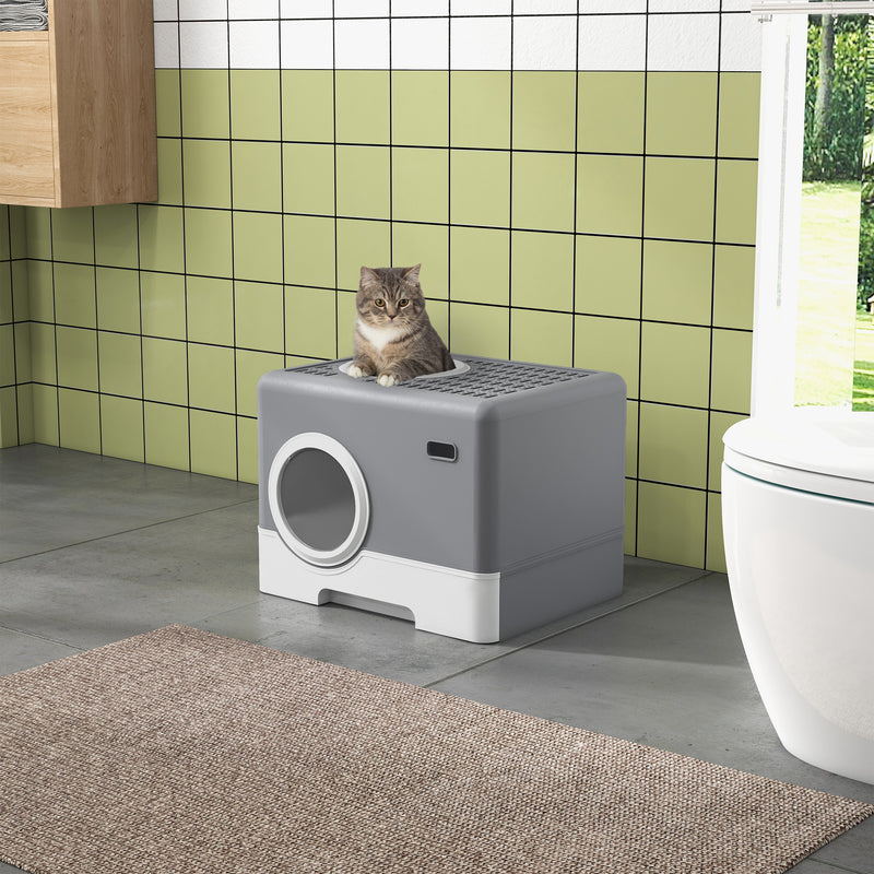 Enclosed Cat Litter Box With Pull Out Tray Scoop And Top Entry For Easy Cleaning, Grey