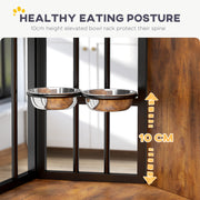 Rustic Brown Corner Dog Crate Furniture with Bowls and Lockable Doors for Small Medium Dogs by PawHut