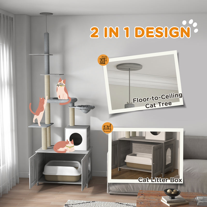 2 in 1 Floor to Ceiling Cat Tree with Hidden Litter Box for Indoor Cats Grey