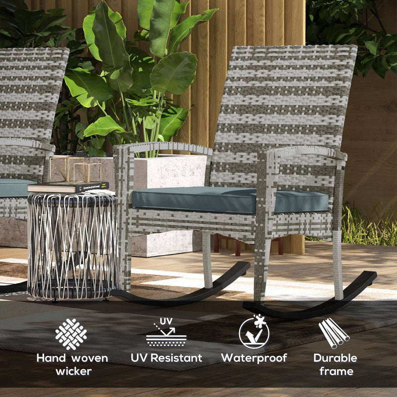 Set of 2 Rattan Garden Rocking Chairs with Cushions and Armrests for Patio Use, Light Grey
