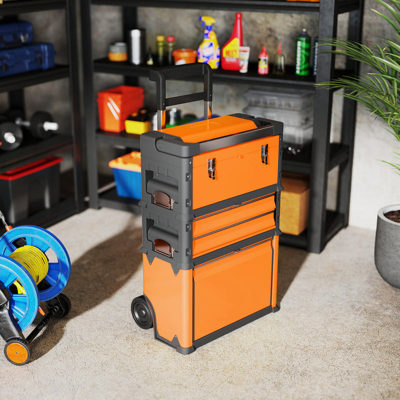 3 in 1 Stackable Rolling Tool Box Orange With Wheels For Easy Garage Organisation