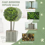 Set of 2 Artificial Boxwood Topiary Plants in Woven Pots Ideal for Home or Office Green