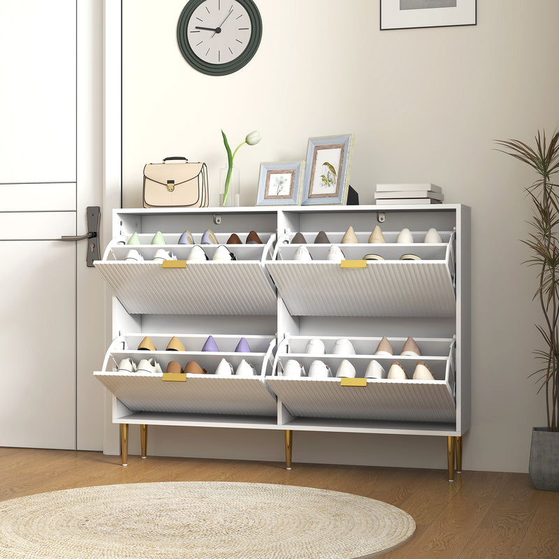 Slim Shoe Storage Cabinet with 4 Flip Drawers Ideal for Hallways or Entryways White