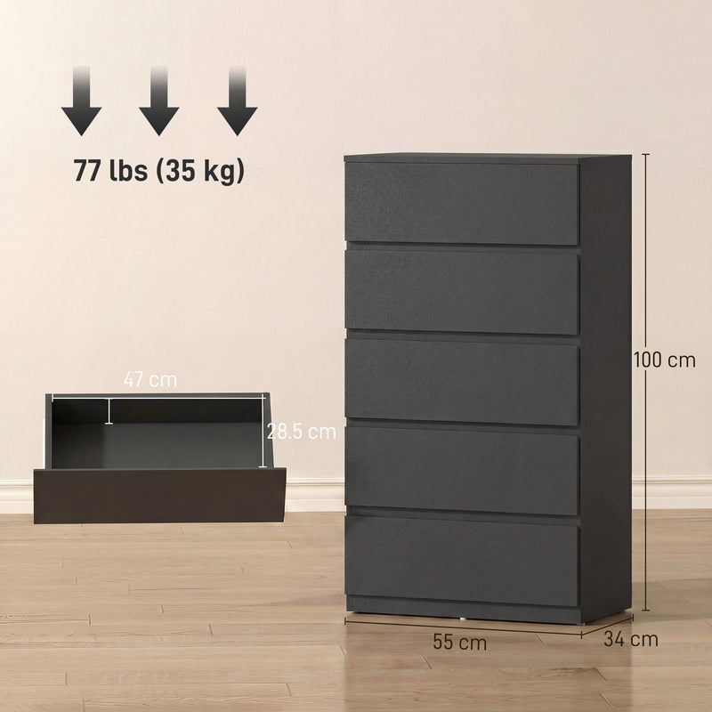 Chest of Drawers with 5 Spacious Storage Drawers for Bedroom Organisation Black AOSOM