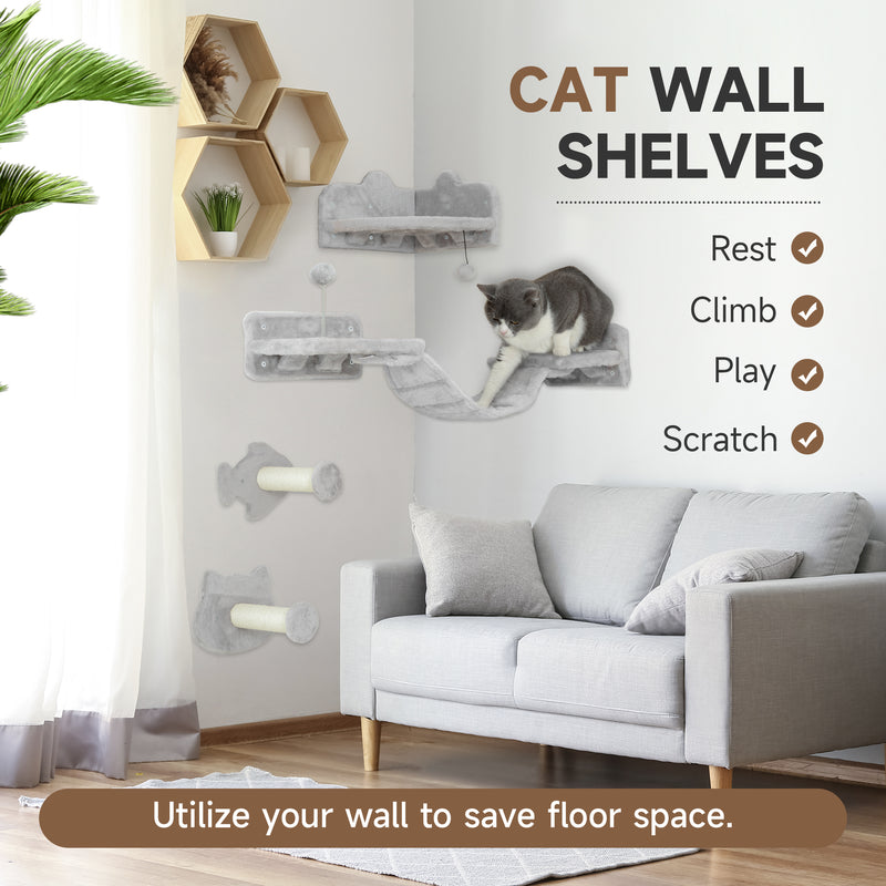 Light Grey 4 Piece Cat Wall Shelves With Steps Ladder and Platforms for Climbing by PawHut