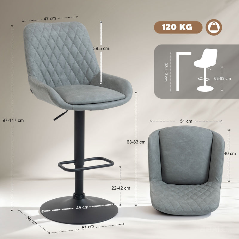 Set of 2 Faux Leather Retro Bar Stools With Swivel Base For Kitchen Counter Light Grey