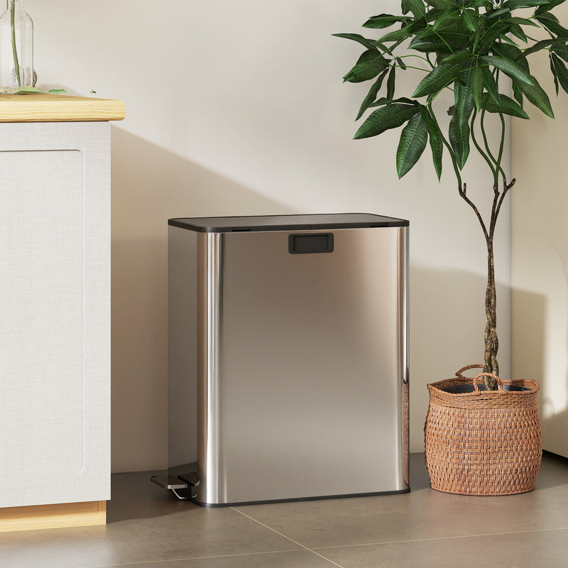 56L Dual Kitchen Recycling Pedal Bin with Soft Close Lid and Removable Buckets Silver