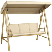 Beige 3 Seater Garden Swing Chair With Adjustable Canopy For Relaxing Outdoors